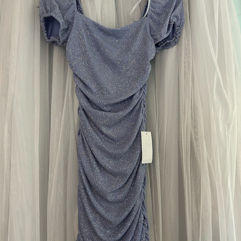 B Darlin Shimmering Blue/Lilac Ruched Mini Dress